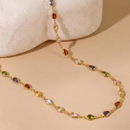 Colorful Necklace for Women,14K Gold Plated Chain With Crystal Necklace Womens Statement Cute Trendy Surfer Beach Choker Necklaces Gifts - color: Colorful Teardrop