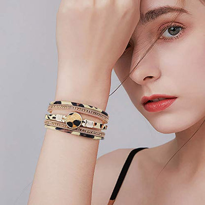 Wowanoo 3Pack Leather Cuff Bracelet Set Multilayer Wrap Bracelet Crystal Feather Tree Bracelet Magnetic Clasp Bracelet for Women - color: Leaf Tree