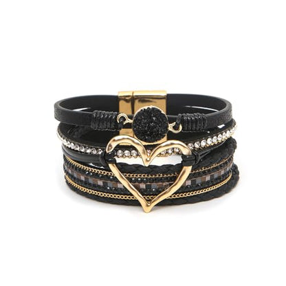 Fuqimanman2020 Heart Leather Wrap Bracelets Boho Stackable Cuff Bangles Resin Stone Rhinestone Bracelets with Clasp Christmas Jewelry Gift for Women - color: Black