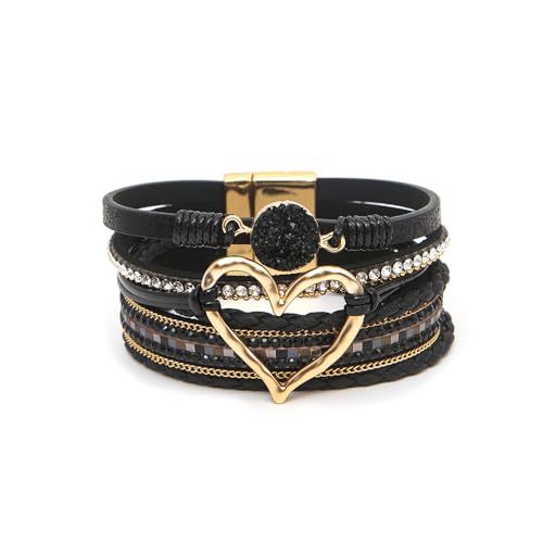 Fuqimanman2020 Heart Leather Wrap Bracelets Boho Stackable Cuff Bangles Resin Stone Rhinestone Bracelets with Clasp Christmas Jewelry Gift for Women - color: Black