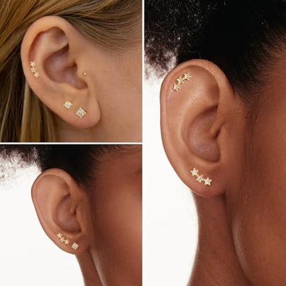Stud Earring for Women, 14K Gold Silver Plated Hypoallergenic Studs Set | Trendy Cartilage Tragus Helix Clover Flower Earring Stack for Multiple Piercing, Dainty Cute Small Jewelry Gift, Non Tarnish - style: GD-CZ/Climbers-4 Pairs