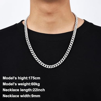 Fiusem Silver Tone/Black/14K Gold Plated Chain Necklace for Men, 5mm/6mm/7.5mm/8mm/9mm Stainless Steel Cuban Link Chain Necklace, Men's Chains 18-28 Inch Jewelry Gifts - size: 24", style: 9mm silver