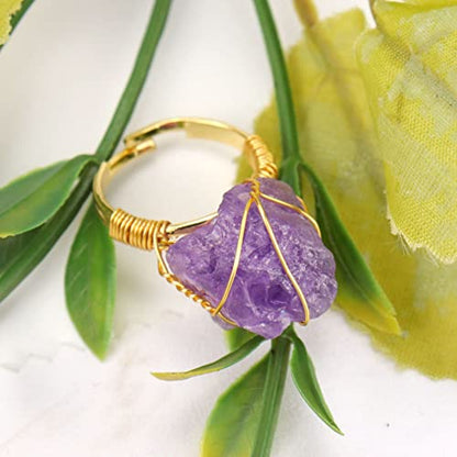 COLORFUL BLING Raw Healing Crystal Natural Stone Ring Statement Copper Wire Wrapped Irregular Crystal Gemstone Adjustalble Ring Jewelry for Women - color: 4 Pcs Set