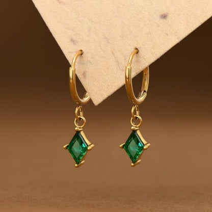 Surgical Steel Hoop Earrings for Women - Hypoallergenic Small Cartilage Huggies with Cubic Zirconia Dangle - color: Green-18K Gold Plated