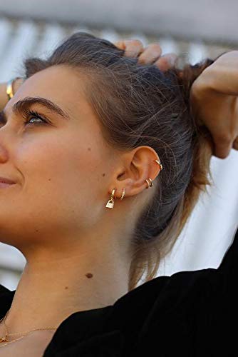 XYJZXY Gold Huggie Small Hoop Earrings with Charm Personalized Snake/Evil Eye/Star/Cross/Lock/Key 18k Gold Plated Crystal Drop Dangle Earrings for Women - style: Lock