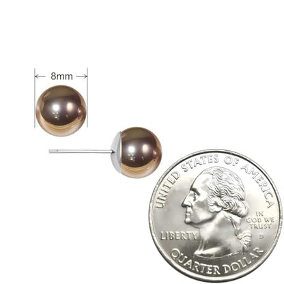 Gold & Brown Faux Pearl Stud Earrings, S925 Silver Posts Hypoallergenic for Women - color: Brown, size: 8mm
