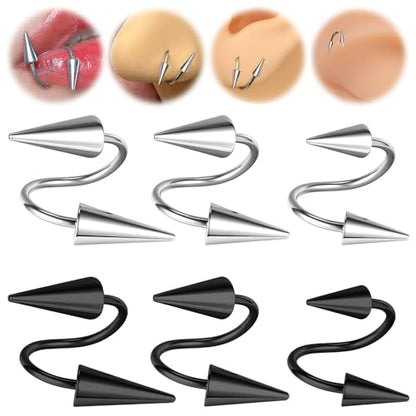 Spike Nose Rings Spiral Lip Rings Stainless Steel Black Long Spike Earrings | Cartilage Helix Piercing Punk Spike Lower Labret Studs Piercing Jewelry - color: Bar Length:8mm