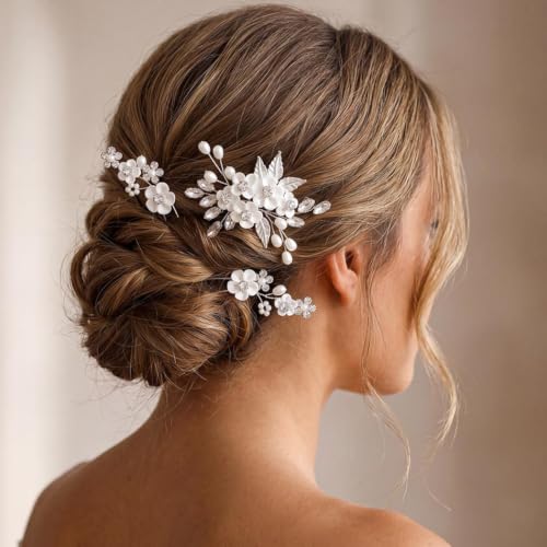 Unsutuo Bridal Flower Hair Pins Crystal Pearl Headpieces Silver Rhinestone Hair Accessories for Women and Girls(Pack of 3) (Silver)