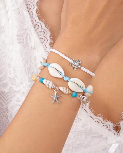 Shell Bracelets for Women Layered Seashell Starfish Bracelets Stackable Stretch Boho Beaded Bracelet Summer Beach Surfer Bracelet Seaside Beach Dress Outfits Accessories - color: A7:shell bracelets