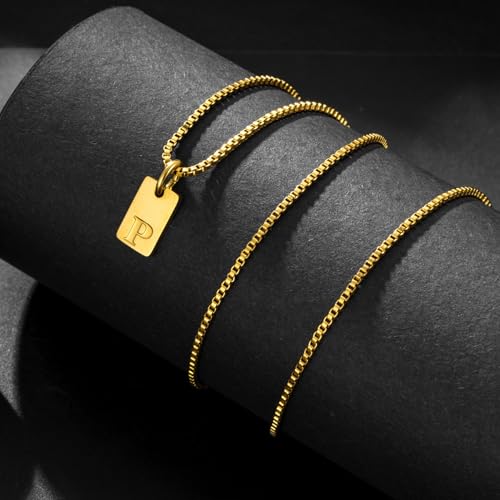 Gold Plated Square Initial Necklace Waterproof A-Z Letter Pendant on Thin Chain - Dainty, Stackable Jewelry for Women - color: Golden-C, size: F