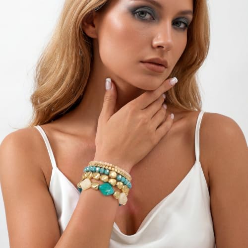 GOOJIDS Multilayer Colorful Gold Beaded Stackable Bracelets For Women Set Bohemia Heart Charm Strand Bracelets Friendship Elastic Wristbands Summer Beach Boho Vacation Jewelry - color: D-Blue Beads Set