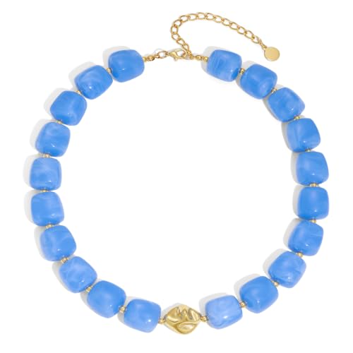 Chunky Beaded Necklace for Women,Square Resin beads boho Choker Necklace with gold-tone spacers,Fashion Trendy Summer Beach Party Necklaces Handmade Surfer Beach Necklaces Jewelry Gifts - color: Blue