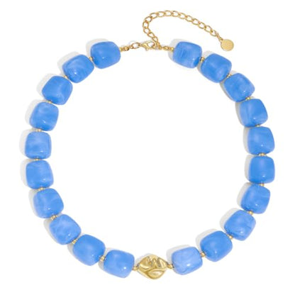 Chunky Beaded Necklace for Women,Square Resin beads boho Choker Necklace with gold-tone spacers,Fashion Trendy Summer Beach Party Necklaces Handmade Surfer Beach Necklaces Jewelry Gifts - color: Blue