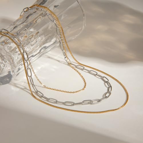 Stackable Chains Women 18K Plated Box Cuban Paperclip Layered Chain Choker Necklace Gold Silver Multi Chain Mixed Metal Stack Chains Set for Women - color: box chain necklace