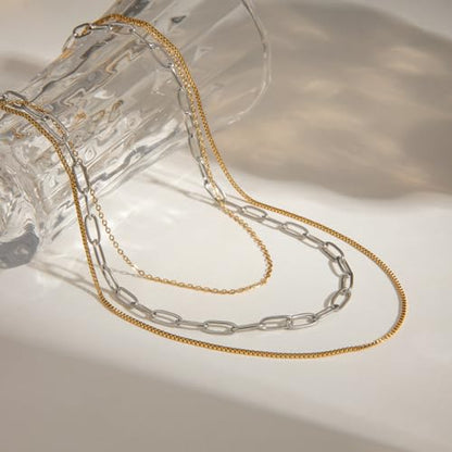 Stackable Chains Women 18K Plated Box Cuban Paperclip Layered Chain Choker Necklace Gold Silver Multi Chain Mixed Metal Stack Chains Set for Women - color: box chain necklace