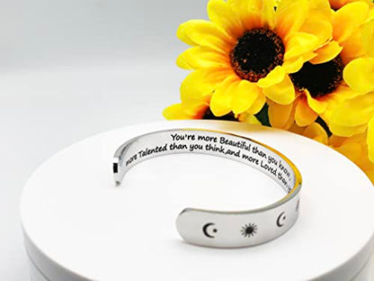 Dczosily Inspirational Bracelets for Women Stainless Steel Cuff Bracelet Engraved Jewelry Motivational Bangles Personalized Gifts for Best Friend/Mom - style: Mom-10mm-You're more Beautiful than you know, more Talented....more Loved than you can imagine