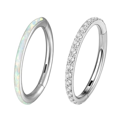 2pc G23 Titanium 6/8/10/12mm Nose Ring Opal Multi Zircon Hoop Hinge Septum Ear Lobe Daith Body Piercing - color: OP17 & Clear Zircon, size: Inner Ring Diameter: 8mm