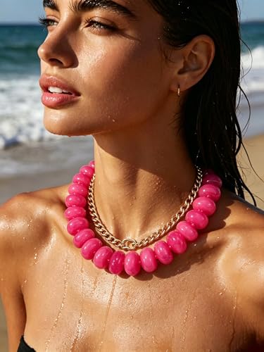 CSIYANJRY99 Chunky Beaded Necklace for Women, Large Colorful Resin Beads Statement Necklace, Boho Summer Beach Vacation Jewelry Gifts - color: Hot Pink