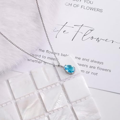 Teardrop Pendant Necklace for Women - Sterling Silver Birthstone Crystal Necklace Gift - color: Aquamarine