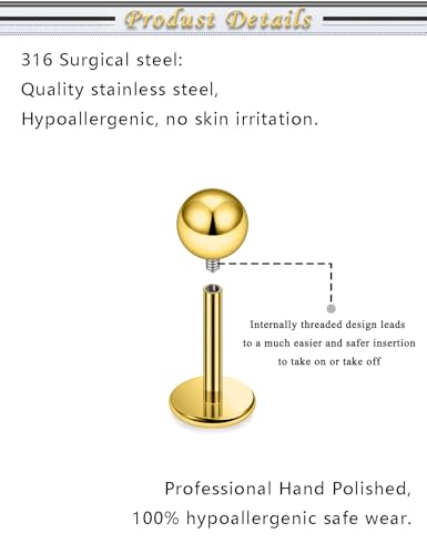 Internally Threaded Labret Studs 18G 16G 14G Surgical Steel Lip Piercing Jewelry with Claw Tool Monroe Snake Bite Jewelry Flat Back Barbell for Women Men Plus Piercing Ball Grabber Tool - color: goldtone, size: 18g,ball end