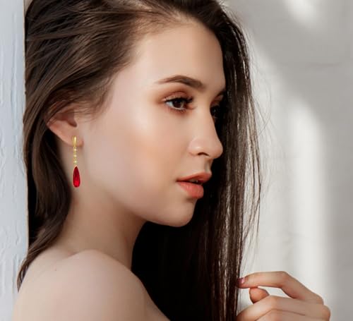VONSSY Austrian Crystal Teardrop Drop Dangle Earrings Gold Plated Silver Post Zircon Gemstone Jewelry Gift for Woman Girlfriend Mom Wife - color: Red