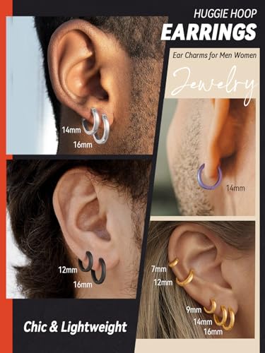 FaithHeart Stainless Steel Black/Silver/Gold Huggie Hoop Earrings for Men | Hypoallergenic Small Hoop Earrings Lightweight Sleeper Earrings Waterproof Cartilage Piercing Jewelry Gift 8-16mm - color: Black-Flat, size: Diameter 16mm