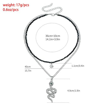 Snake Necklace for Women, Gothic Layered Chain with Star & Black Beads, Silver Tone Vintage Punk Choker for Daily & Party Wear