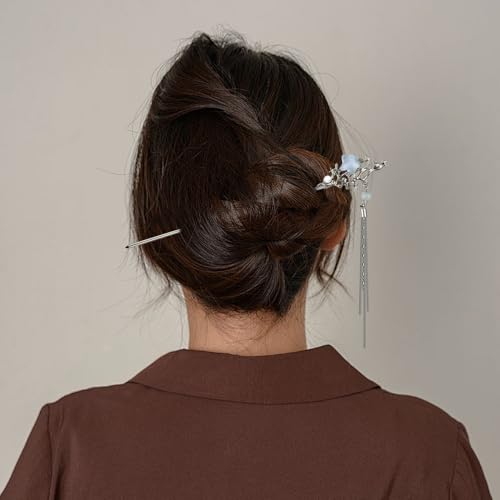 5PCS Butterfly Flower Hair Sticks for Buns Long Hair Chinese Hanfu Asian Vintage Hair Chopsticks Metal Silver Hair Bun Updo Holders Long Hairpins for Women Girls