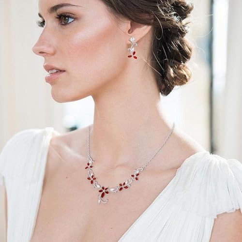Crysdue Flower Leaf Wedding Jewelry Set for Bridal Bridemaid, Cubic Zirconia Teardrop Elegant Silver/14K/Rose Gold Plated Vine Necklace Dangle Earrings for Prom Party - style: A_Red