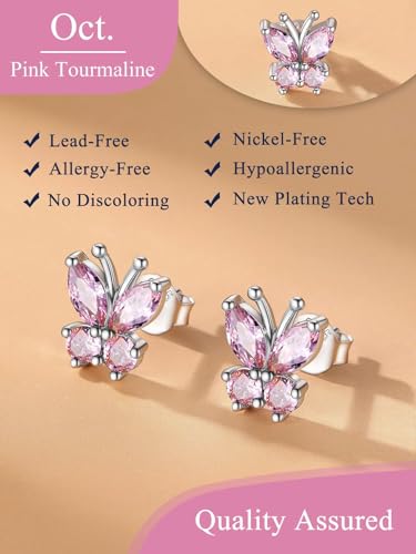 Suplight Butterfly Stud Earrings 925 Sterling Silver 14K Gold Brithstone Earrings for Women Brithstone Jewelry Gifts - color: 10.October ( Pink Tourmaline), size: Silver