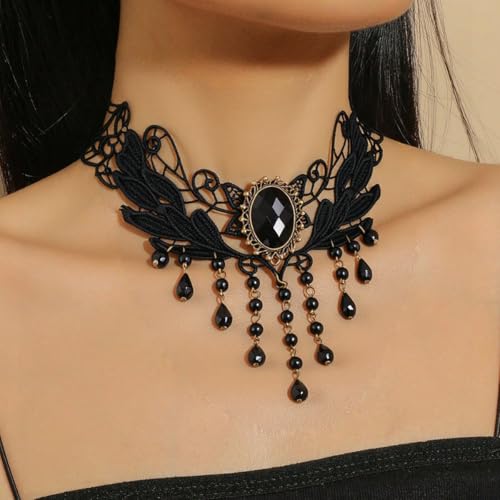Goth Black Choker Necklace Crystal Bead Pendant Necklace for Women Gothic Velvet Lace Choker Halloween Vampire Witch Cosplay - color: G-Black