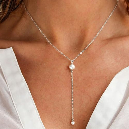 Pearl Necklace for Women, Dainty Pearls Choker Necklace for Women 14K Gold Plated Layered Pendant Necklace Handmade Gold Chain Necklace Everyday Jewelry Gift - color: Y Two Pearls-Silver