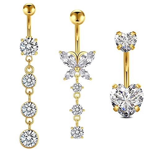 D.Bella Belly Rings for Women Belly Button Piercing Clicker Belly Button Ring Belly Button Rings Dangling 14G Surgical Steel CZ Butterfly Dangle Belly Piercing Jewelry Silver Rose Gold - color: B -Gold