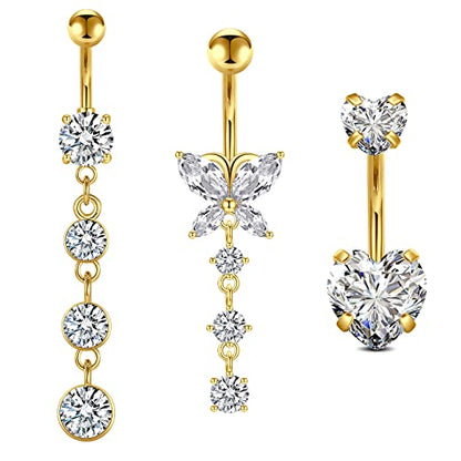 D.Bella Belly Rings for Women Belly Button Piercing Clicker Belly Button Ring Belly Button Rings Dangling 14G Surgical Steel CZ Butterfly Dangle Belly Piercing Jewelry Silver Rose Gold - color: B -Gold