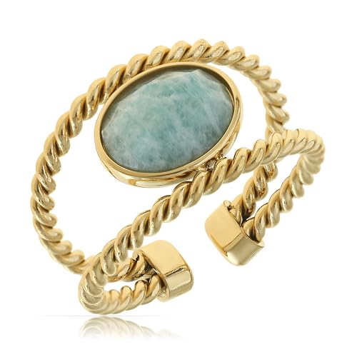 Made by Nami Adjustable Gold Plated Gemstone Ring for Women Handmade Boho Stacking Rings Chunky Open Band Turquoise Statement Jewelry Unique Minimalist Design for Everyday or Special Occasions - style: Double Row Turquoise Stone