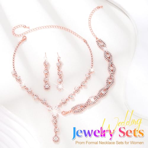 Silver Wedding Jewelry Sets Rhinestone Necklace Earrings Bracelet Set Prom Formal Costume Jewelry for Women and Brides - color: Rose Gold