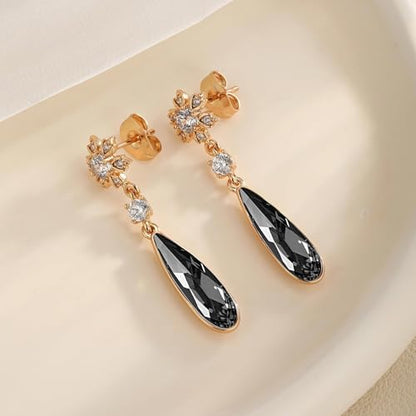 Austrian Crystal Teardrop Earrings Flower Dangle Earrings for Women 14K Gold Plated Drop Stud Earrings Hypoallergenic Jewelry - color: Black
