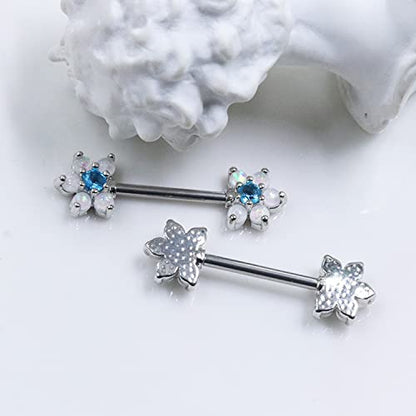 14G Opal Flower CZ Nipple Barbell Nipple Ring Piercing Jewelry for Women - color: silver blue