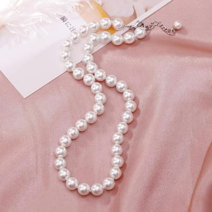 White Faux Pearl Jewelry Set for Women & Girls, Necklace Bracelet Earrings | Hand Knotted Craftsmanship, Glass Material, Daily Elegant Outfit, Gift - style: 18.5inch