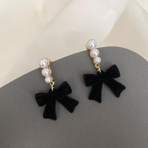 Pearl Bow Earrings for Women Coquette Aesthetic Jewelry Rhinestone Bow Earrings for Bridesmaids Wedding Party Accessories Bridal Costume Accents Bowknot Themed Gifts - color: J2: Black Bow Pearl Earrings