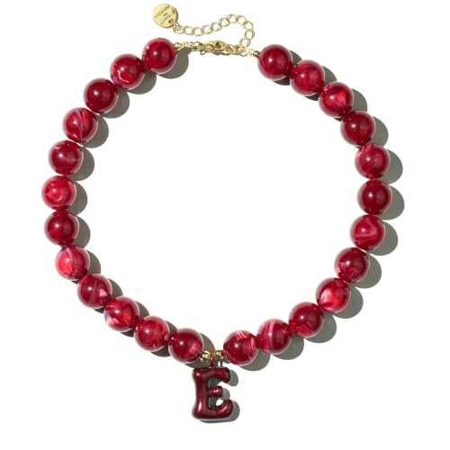 DoDoBeads Chunky Colorful Beaded Initial Necklace, Bubble Letter Choker | Gift box and dust pouch included; waterproof and sweat-resistant with real gold plated stainless steel hardware - color: BlackCherry-E