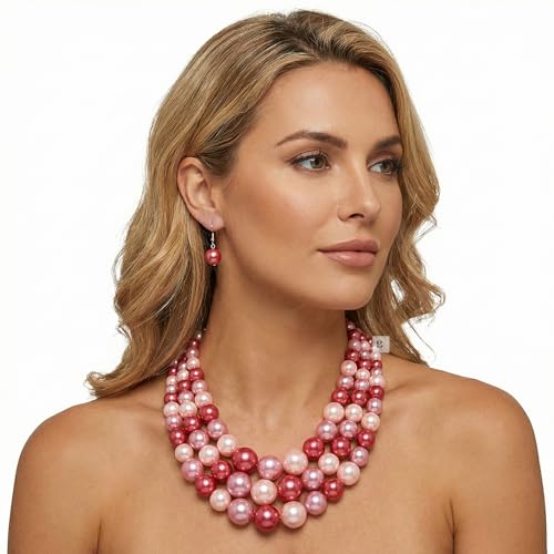 Simulated Pearl Necklace & Earring Set, Multi Strand - color: Pink Mix