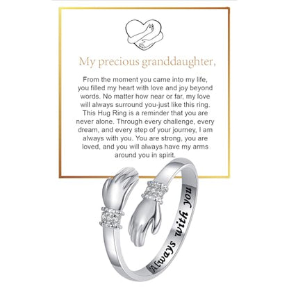 Granddaughter Daughter Hug Ring For Hope Rings, Stainless Steel Inspirational Jewelry Engraved Always With You Love You Forever Message Adjustable Non Tarnish Jewelry Birthday Gift Card - color: Always with you Diamond