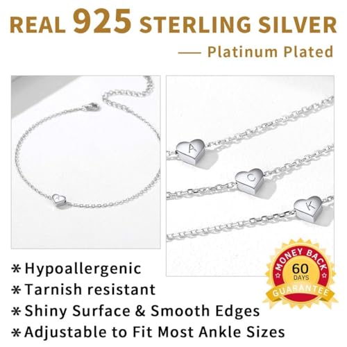 ChicSilver 925 Sterling Silver Initial Anklets for Women Dainty Beach Heart Ankle Bracelet Foot Jewelry-Adjustable Size(with Gift Box) - style: Letter-M