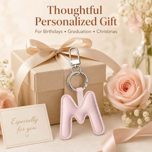 Initial Letter Keychain,Stainless Steel,Colorful Faux Leather Keyring for Backpack,Purse,Car Keys,Gift for Men Women - color: M