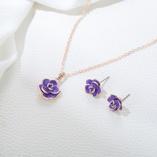 EleQueen Rose Flower Necklace Earrings Bracelet Set for Women - color: Light Purple-Rose Gold-Tone