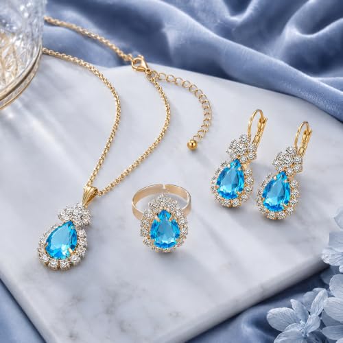 Blue Crystal Jewelry Set for Women, Teardrop Pendant Necklace Earrings Ring Set with Rhinestones, Gold Tone Bridal Jewelry Gift for Party Wedding