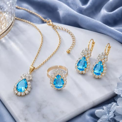 Blue Crystal Jewelry Set for Women, Teardrop Pendant Necklace Earrings Ring Set with Rhinestones, Gold Tone Bridal Jewelry Gift for Party Wedding