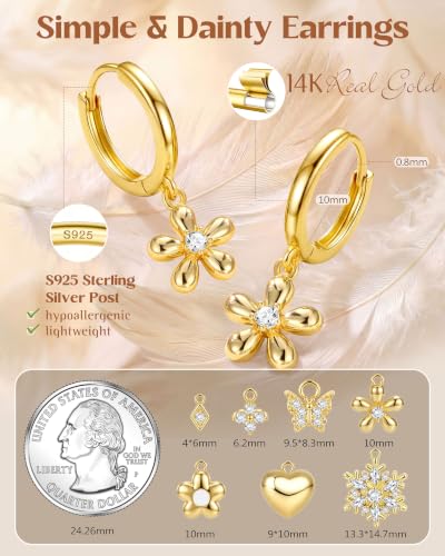 FIBO STEEL 14K Gold Plated Hoop Earrings with Charms for Women Huggie Hoops | Hypoallergenic 925 Sterling Silver Post Dangle Earrings Small Silver Gold Hoops Earring Cubic Zirconia Dangle Drop Jewelry - color: CZ Flower - 14K Gold Plated