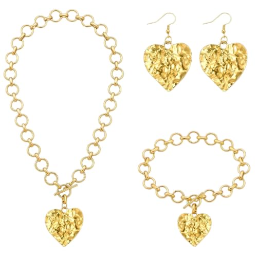 Kingdder 4 Pcs 14k Gold Plated Chunky Gold Heart Jewelry Set for Women Hammered Necklace Bracelet Earrings Set Bold Chunky Heart Pendant Trendy Statement Summer Beach Jewelry Gifts